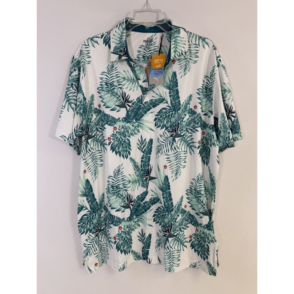 NWT Puma‎ CLOUDSPUN Mens Large Aloha Golf Polo WHITE GLOW-PACIFIC GREEN 621556